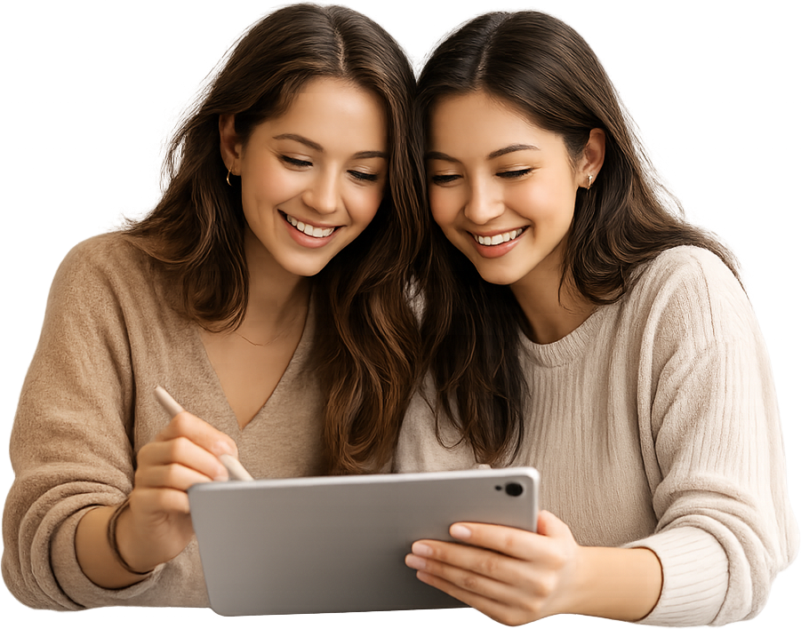 Two friends drawing together on a tablet
